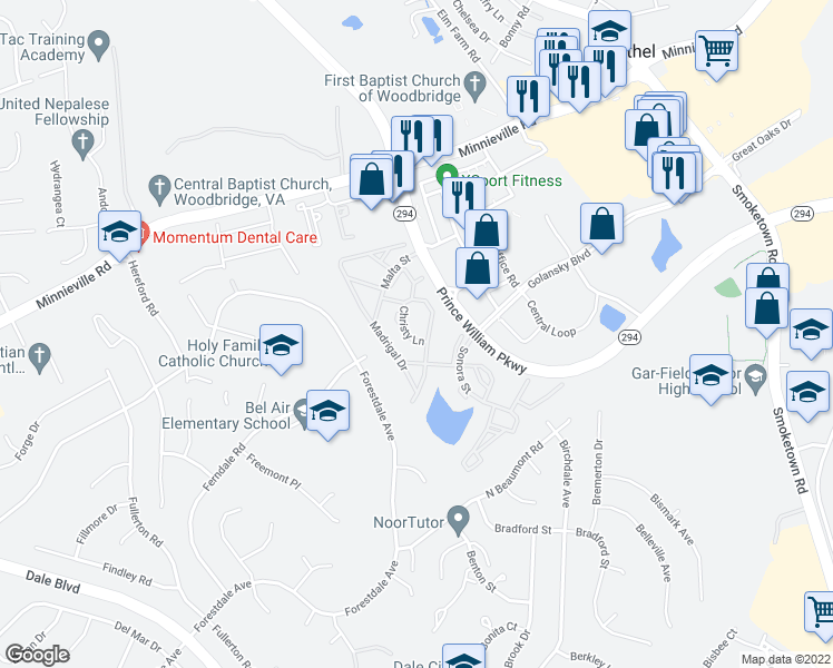 map of restaurants, bars, coffee shops, grocery stores, and more near 3494 Christy Lane in Woodbridge