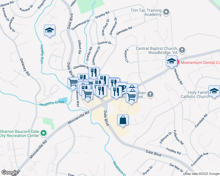 map of restaurants, bars, coffee shops, grocery stores, and more near 4219 Gibson Court in Woodbridge