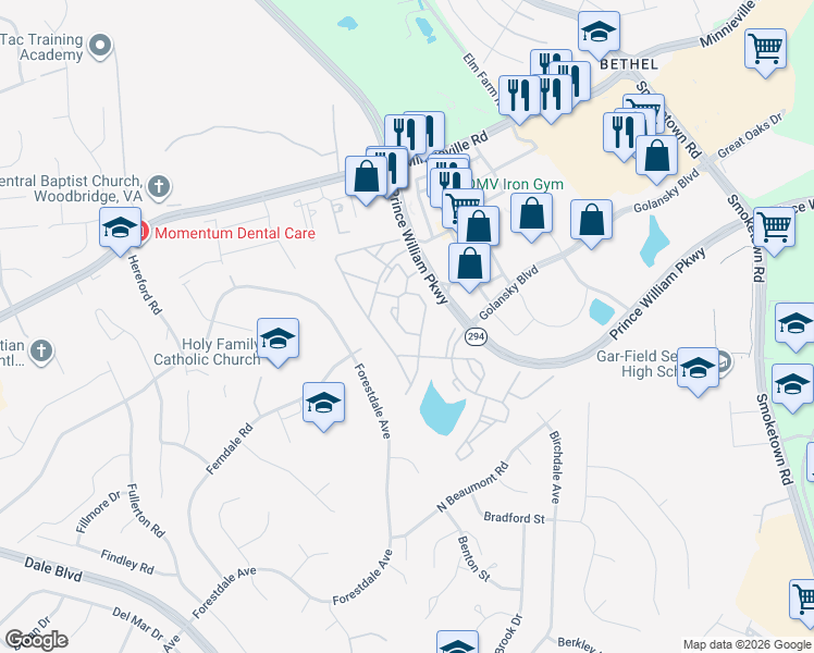 map of restaurants, bars, coffee shops, grocery stores, and more near 3498 Christy Lane in Woodbridge