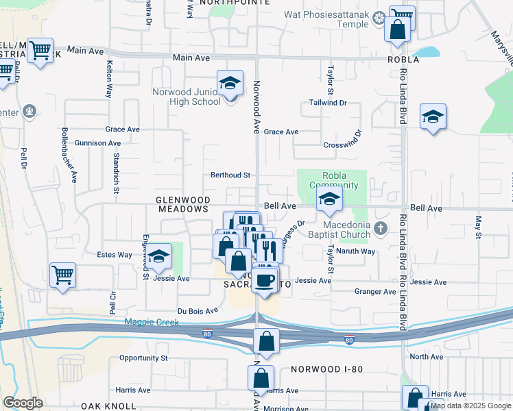 map of restaurants, bars, coffee shops, grocery stores, and more near Norwood Avenue & Bell Avenue in Sacramento