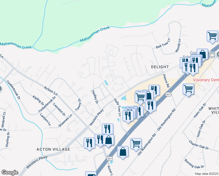 map of restaurants, bars, coffee shops, grocery stores, and more near 11994 Calico Woods Drive in Waldorf