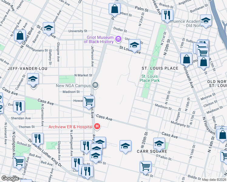 map of restaurants, bars, coffee shops, grocery stores, and more near 2331 Madison Street in St. Louis