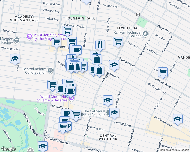 map of restaurants, bars, coffee shops, grocery stores, and more near 4540 Westminster Place in St. Louis