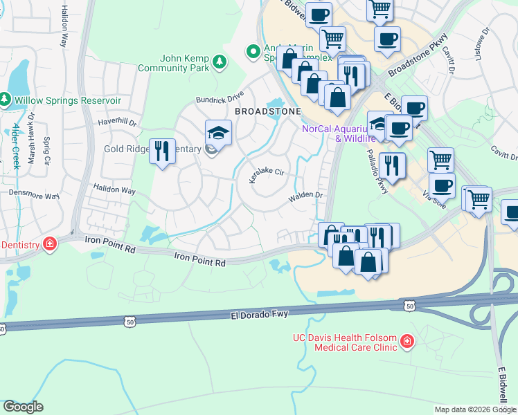 map of restaurants, bars, coffee shops, grocery stores, and more near 1400 Walden Drive in Folsom