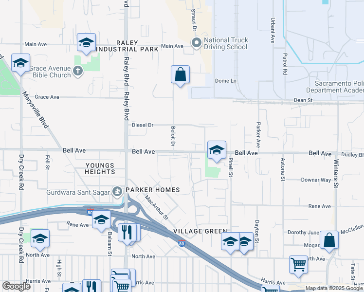 map of restaurants, bars, coffee shops, grocery stores, and more near 1801 Bell Avenue in Sacramento