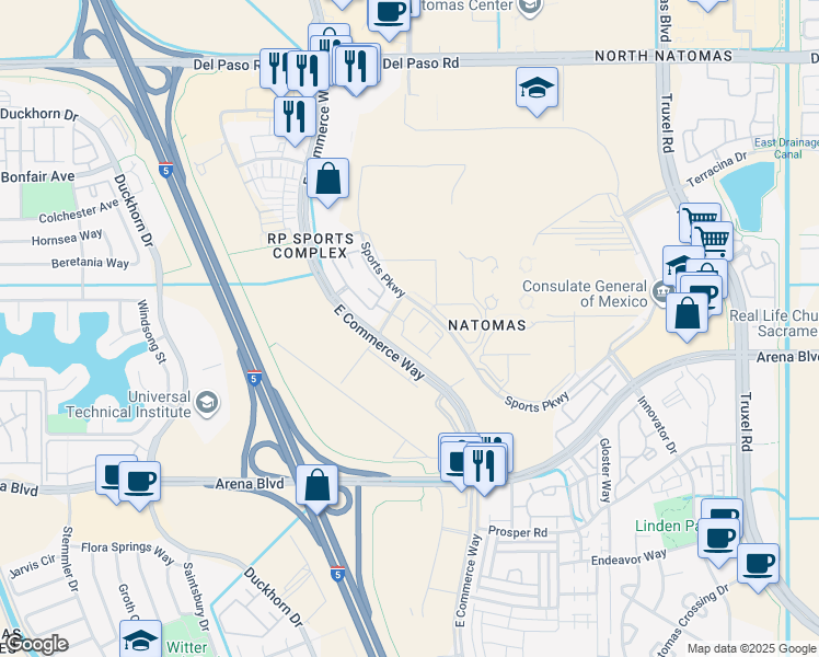 map of restaurants, bars, coffee shops, grocery stores, and more near 4190 East Commerce Way in Sacramento