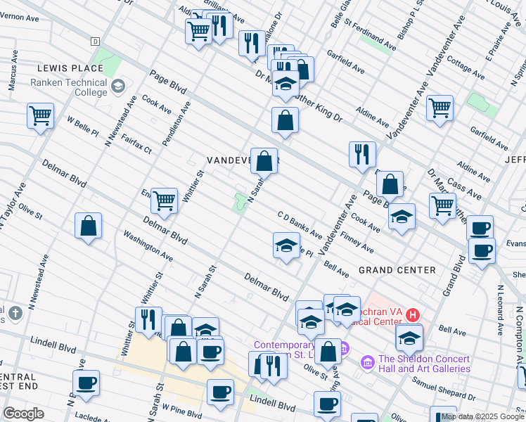 map of restaurants, bars, coffee shops, grocery stores, and more near 4049 West Belle Place in St. Louis
