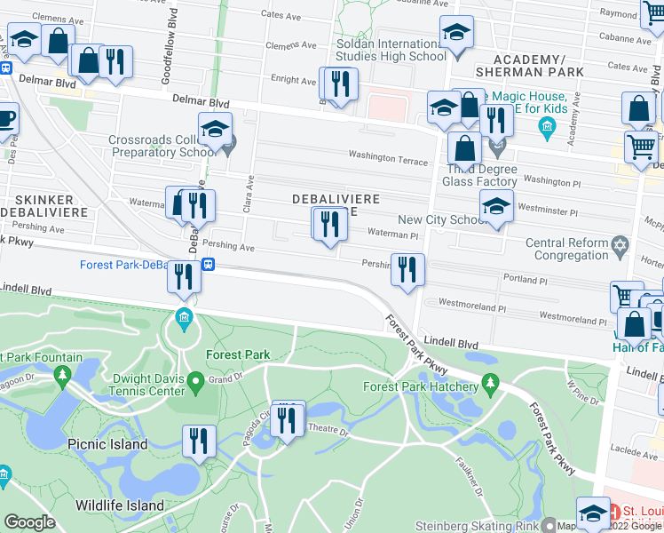 map of restaurants, bars, coffee shops, grocery stores, and more near 5510 Pershing Avenue in St. Louis