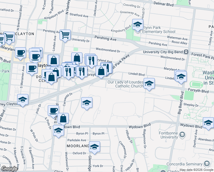 map of restaurants, bars, coffee shops, grocery stores, and more near 7343 Northmoor Drive in St. Louis