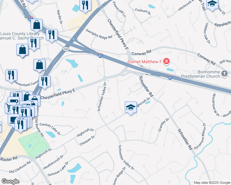 map of restaurants, bars, coffee shops, grocery stores, and more near 1729 Heffington Drive in Chesterfield