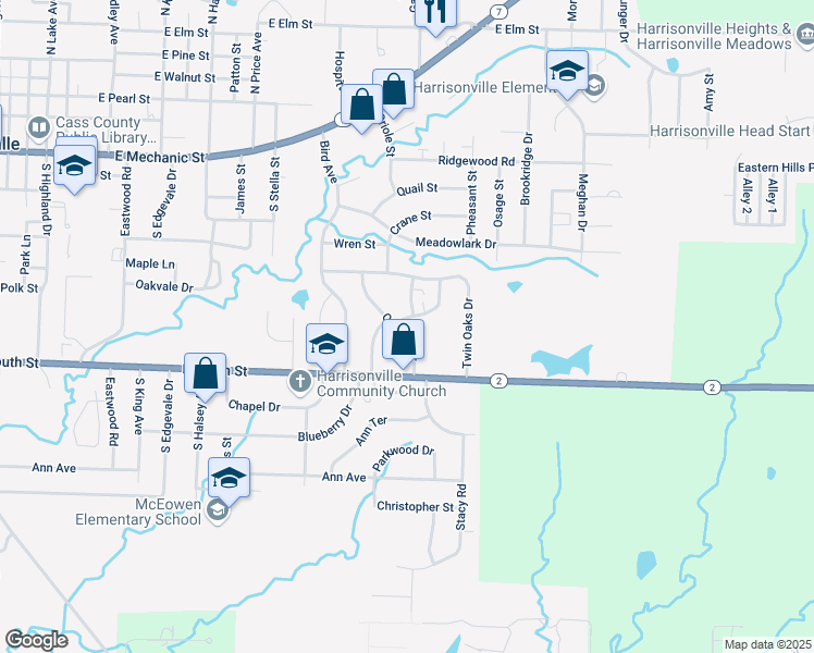 map of restaurants, bars, coffee shops, grocery stores, and more near 1100 Outlook Drive in Harrisonville