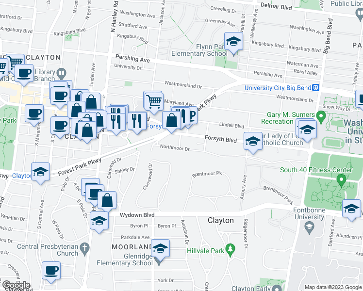 map of restaurants, bars, coffee shops, grocery stores, and more near 7343 Northmoor Drive in St. Louis