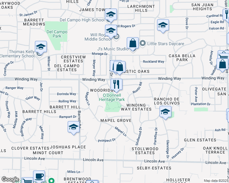 map of restaurants, bars, coffee shops, grocery stores, and more near 4566 Charleston Drive in Carmichael