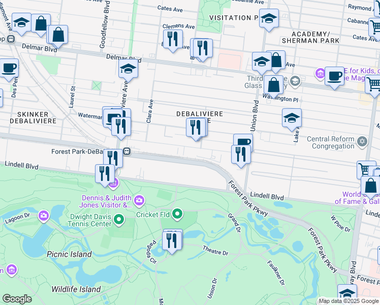 map of restaurants, bars, coffee shops, grocery stores, and more near 5513 Pershing Avenue in St. Louis