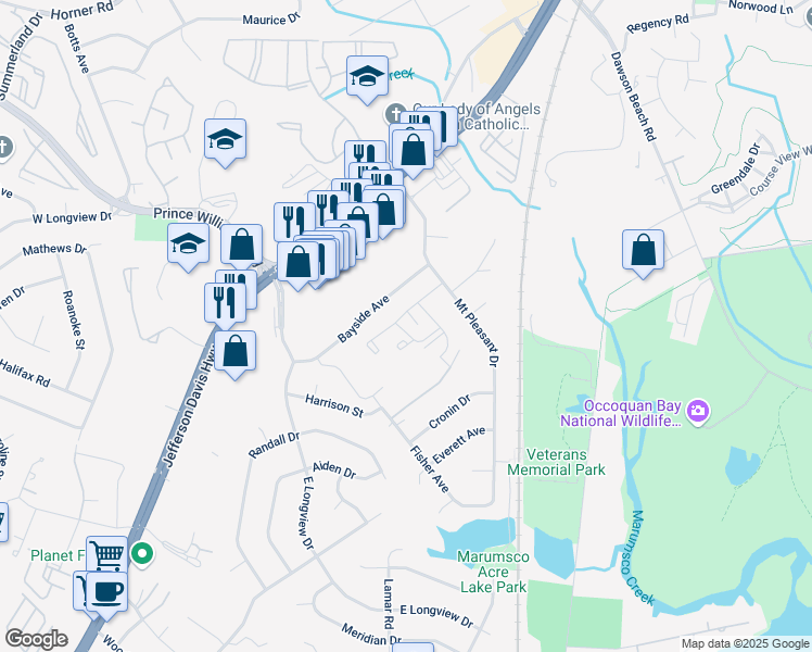 map of restaurants, bars, coffee shops, grocery stores, and more near 1266 Belle View Road in Woodbridge