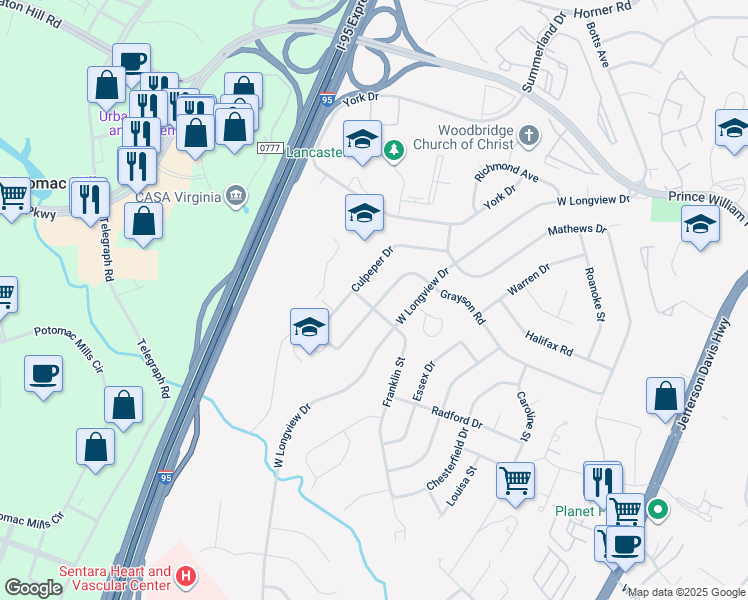 map of restaurants, bars, coffee shops, grocery stores, and more near 14005 Franklin Street in Woodbridge