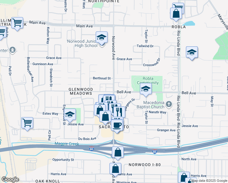 map of restaurants, bars, coffee shops, grocery stores, and more near 4412 Norwood Avenue in Sacramento