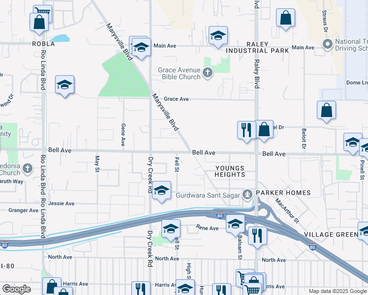 map of restaurants, bars, coffee shops, grocery stores, and more near 1311 Bell Avenue in Sacramento