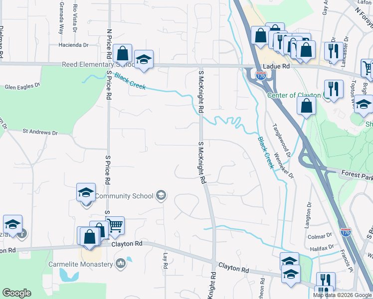 map of restaurants, bars, coffee shops, grocery stores, and more near 4 Ridgewood Road in St. Louis