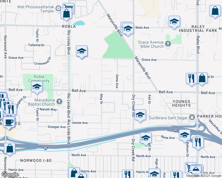 map of restaurants, bars, coffee shops, grocery stores, and more near 1221 Bell Avenue in Sacramento