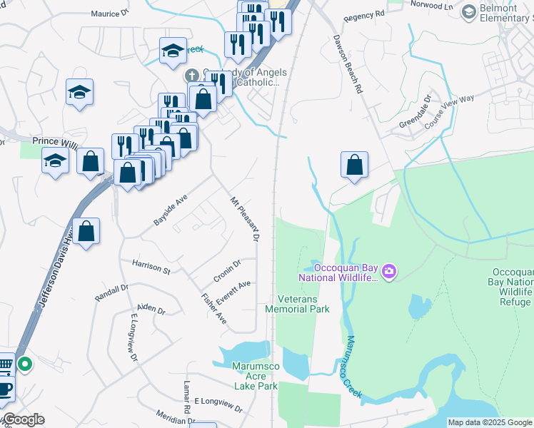 map of restaurants, bars, coffee shops, grocery stores, and more near 14045 Mount Pleasant Drive in Woodbridge