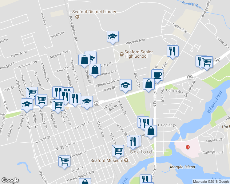map of restaurants, bars, coffee shops, grocery stores, and more near 10-16 North Arch Street Exd in Seaford