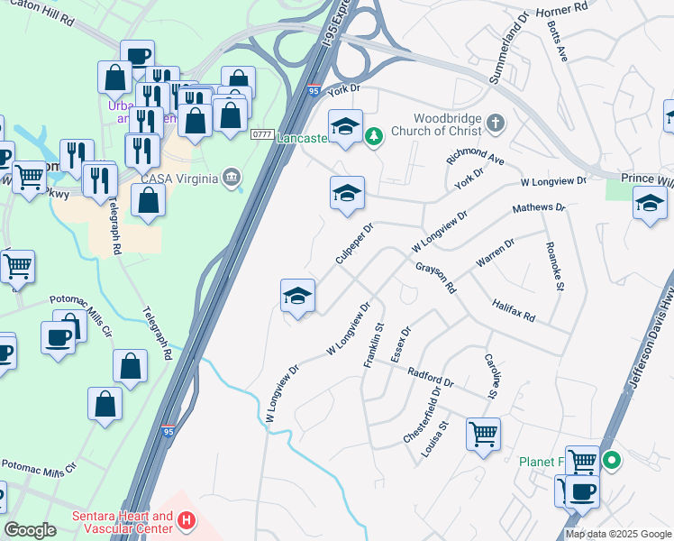 map of restaurants, bars, coffee shops, grocery stores, and more near 14000 Franklin Street in Woodbridge