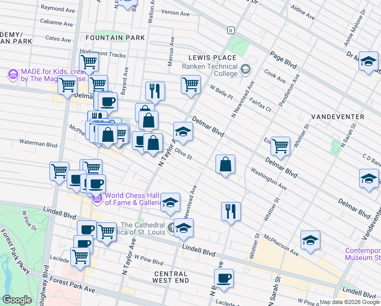 map of restaurants, bars, coffee shops, grocery stores, and more near 4440 Olive Street in St. Louis