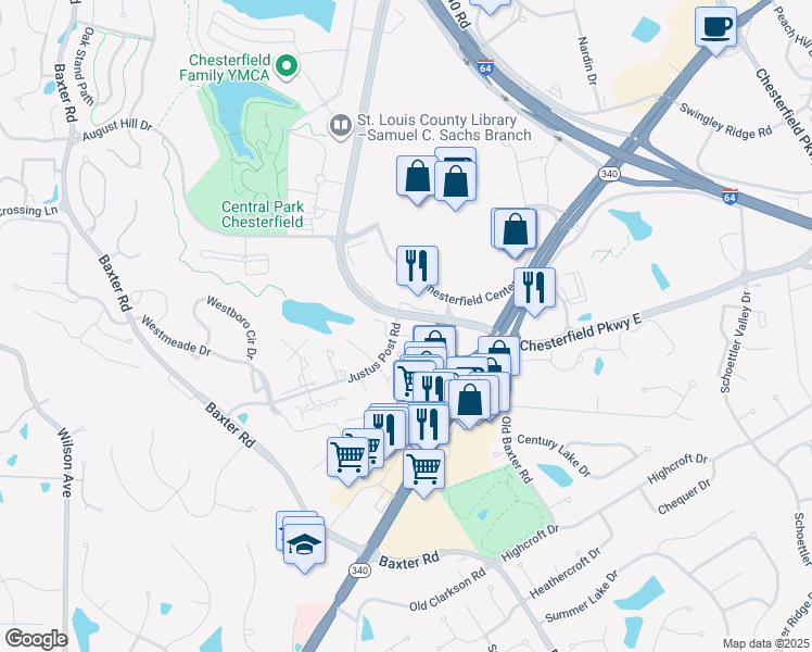 map of restaurants, bars, coffee shops, grocery stores, and more near 16300 Justus Post Road in Chesterfield