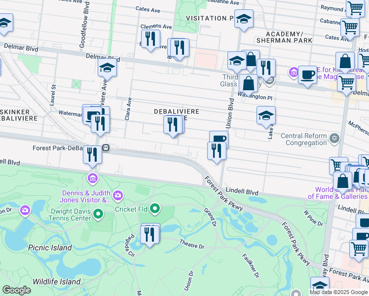 map of restaurants, bars, coffee shops, grocery stores, and more near 5386 Pershing Avenue in St. Louis