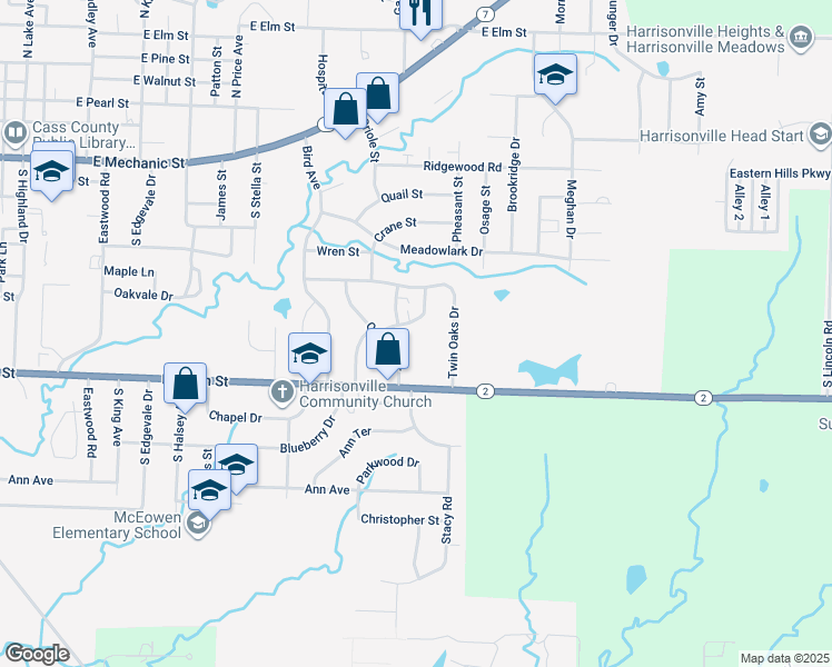 map of restaurants, bars, coffee shops, grocery stores, and more near 2205 Mission Road in Harrisonville