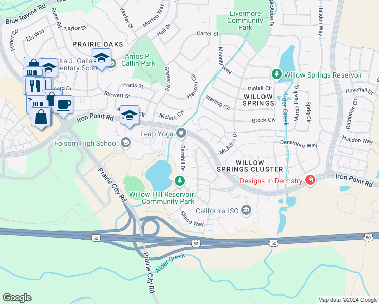 map of restaurants, bars, coffee shops, grocery stores, and more near 296 Barnhill Drive in Folsom