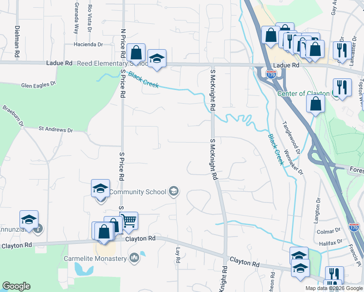 map of restaurants, bars, coffee shops, grocery stores, and more near 8 Ridgewood Road in St. Louis