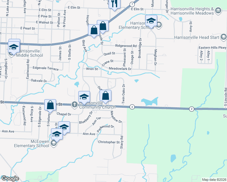 map of restaurants, bars, coffee shops, grocery stores, and more near 2205 Mission Road in Harrisonville