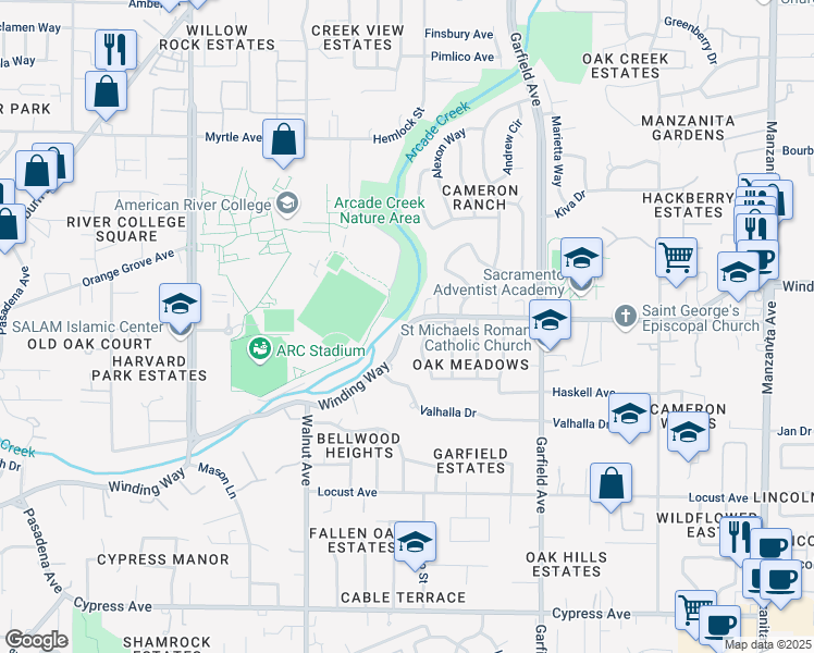 map of restaurants, bars, coffee shops, grocery stores, and more near 5217 Winding Way in Carmichael
