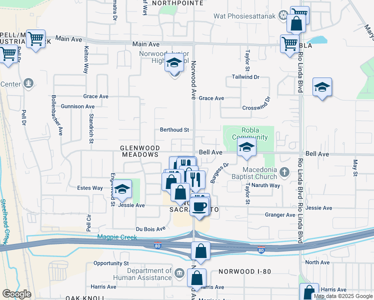 map of restaurants, bars, coffee shops, grocery stores, and more near 385 Bell Avenue in Sacramento