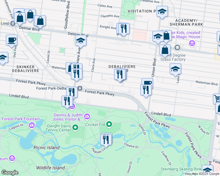 map of restaurants, bars, coffee shops, grocery stores, and more near 5528 Pershing Avenue in St. Louis