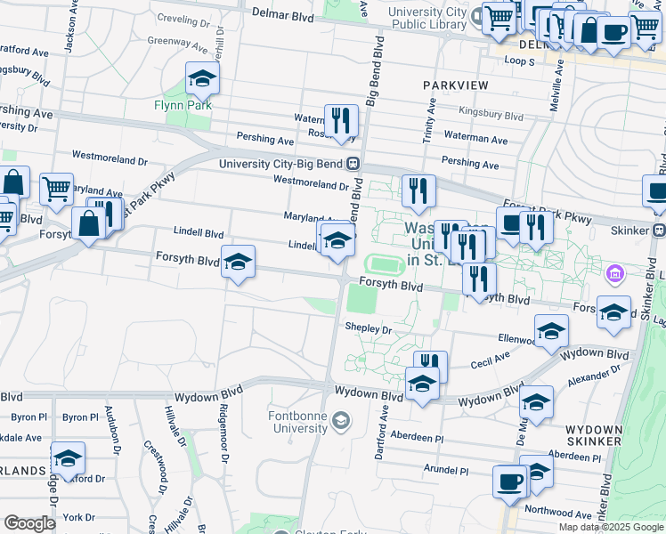 map of restaurants, bars, coffee shops, grocery stores, and more near in University City