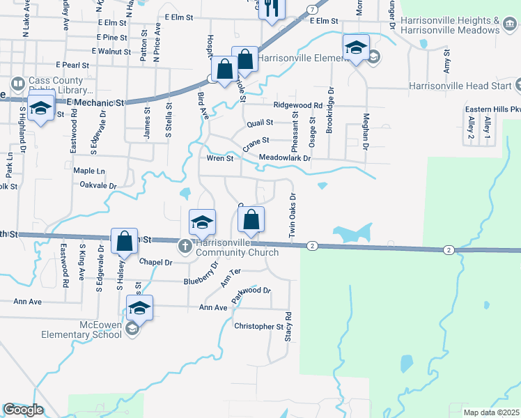 map of restaurants, bars, coffee shops, grocery stores, and more near 2205 Mission Road in Harrisonville