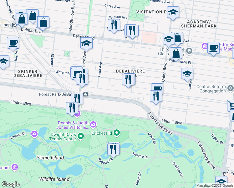map of restaurants, bars, coffee shops, grocery stores, and more near 5536 Pershing Avenue in St. Louis