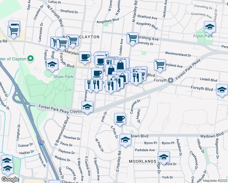 map of restaurants, bars, coffee shops, grocery stores, and more near 7711 Bonhomme Avenue in Clayton