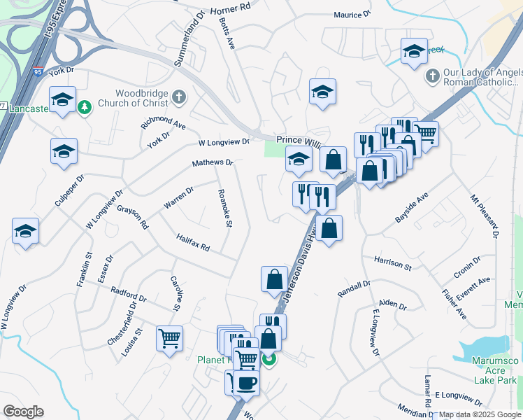 map of restaurants, bars, coffee shops, grocery stores, and more near 1773 Wigglesworth Way in Woodbridge