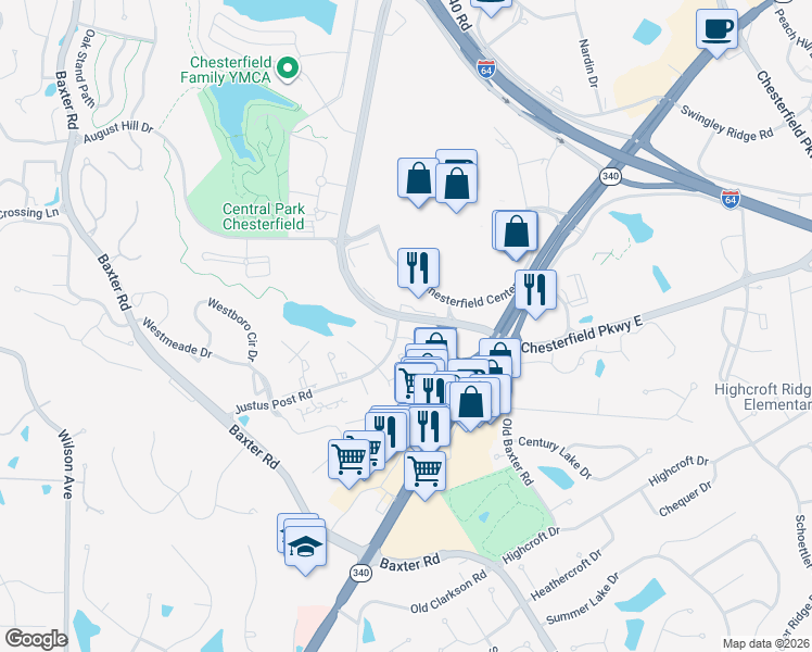 map of restaurants, bars, coffee shops, grocery stores, and more near 16300 Justus Post Road in Chesterfield