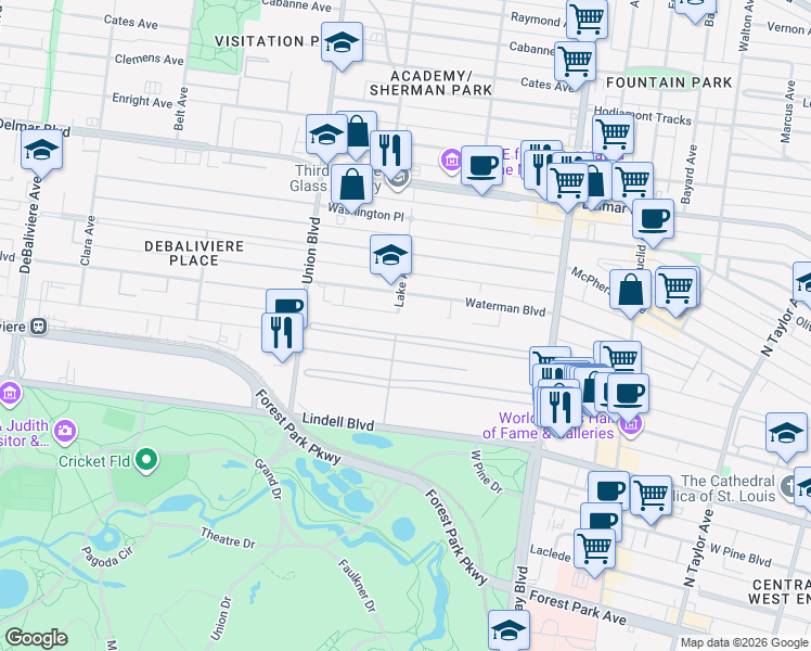 map of restaurants, bars, coffee shops, grocery stores, and more near 33 Portland Place in St. Louis