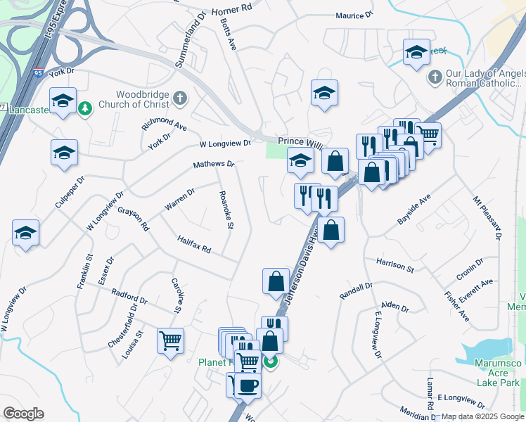 map of restaurants, bars, coffee shops, grocery stores, and more near 1773 Wigglesworth Way in Woodbridge