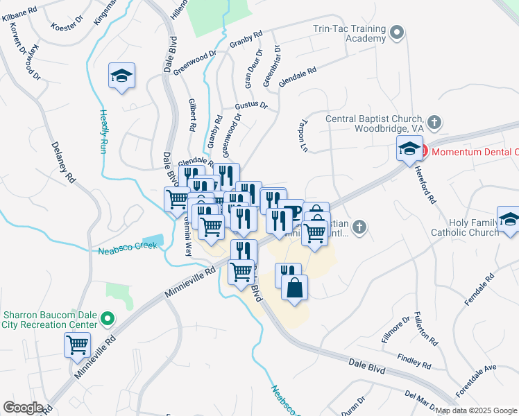 map of restaurants, bars, coffee shops, grocery stores, and more near 4225 Gibson Court in Woodbridge