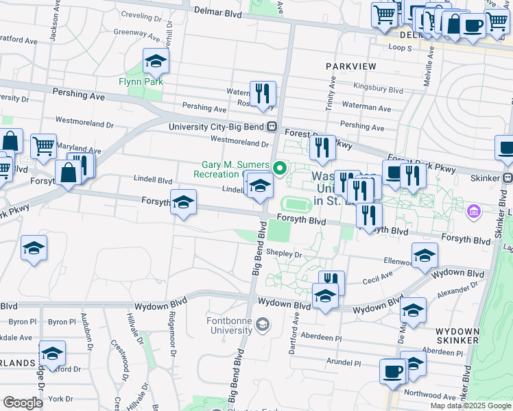 map of restaurants, bars, coffee shops, grocery stores, and more near 7001 Forsyth Boulevard in Clayton