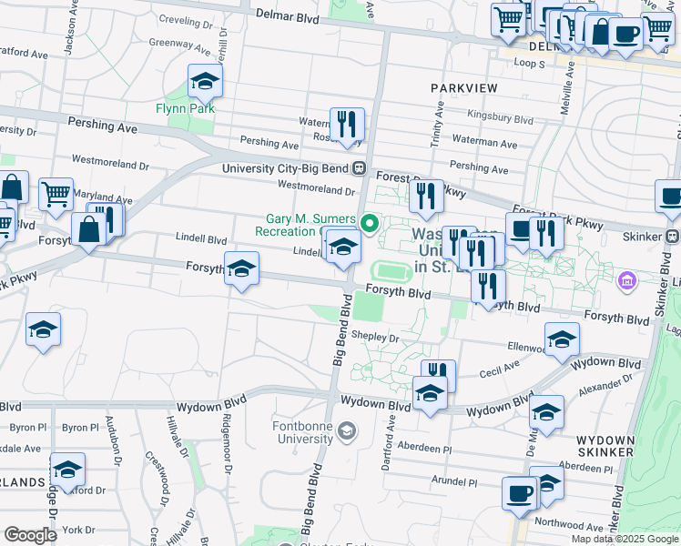 map of restaurants, bars, coffee shops, grocery stores, and more near 7001 Forsyth Boulevard in Clayton