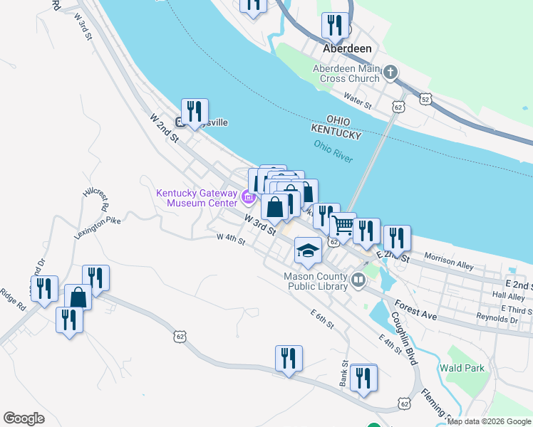 map of restaurants, bars, coffee shops, grocery stores, and more near 21 West 3rd Street in Maysville