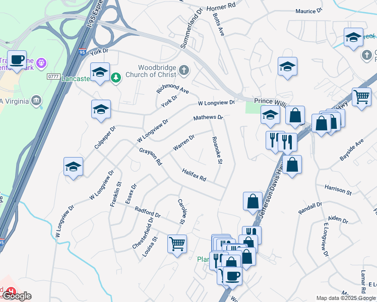 map of restaurants, bars, coffee shops, grocery stores, and more near 14005 Giles Street in Woodbridge
